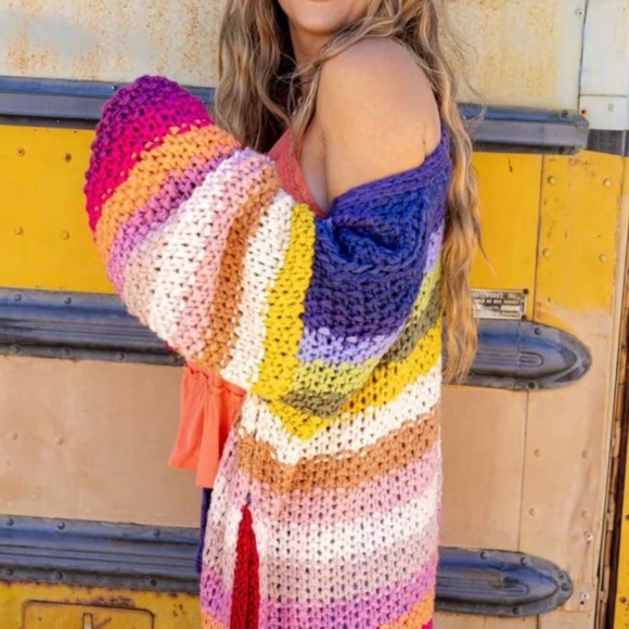 THREE BIRD NEST Wrapped in Color Chunky Knit Bright Colorful Cardigan Small VGUC - Picture 7 of 13